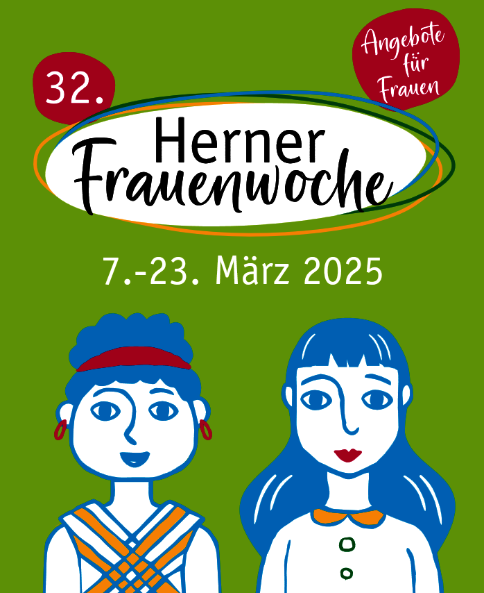 Titelbild Programmheft der Herner Frauenwoche 2025: zwei blau-weiß gemalte Frauen auf grünem Hintergrund