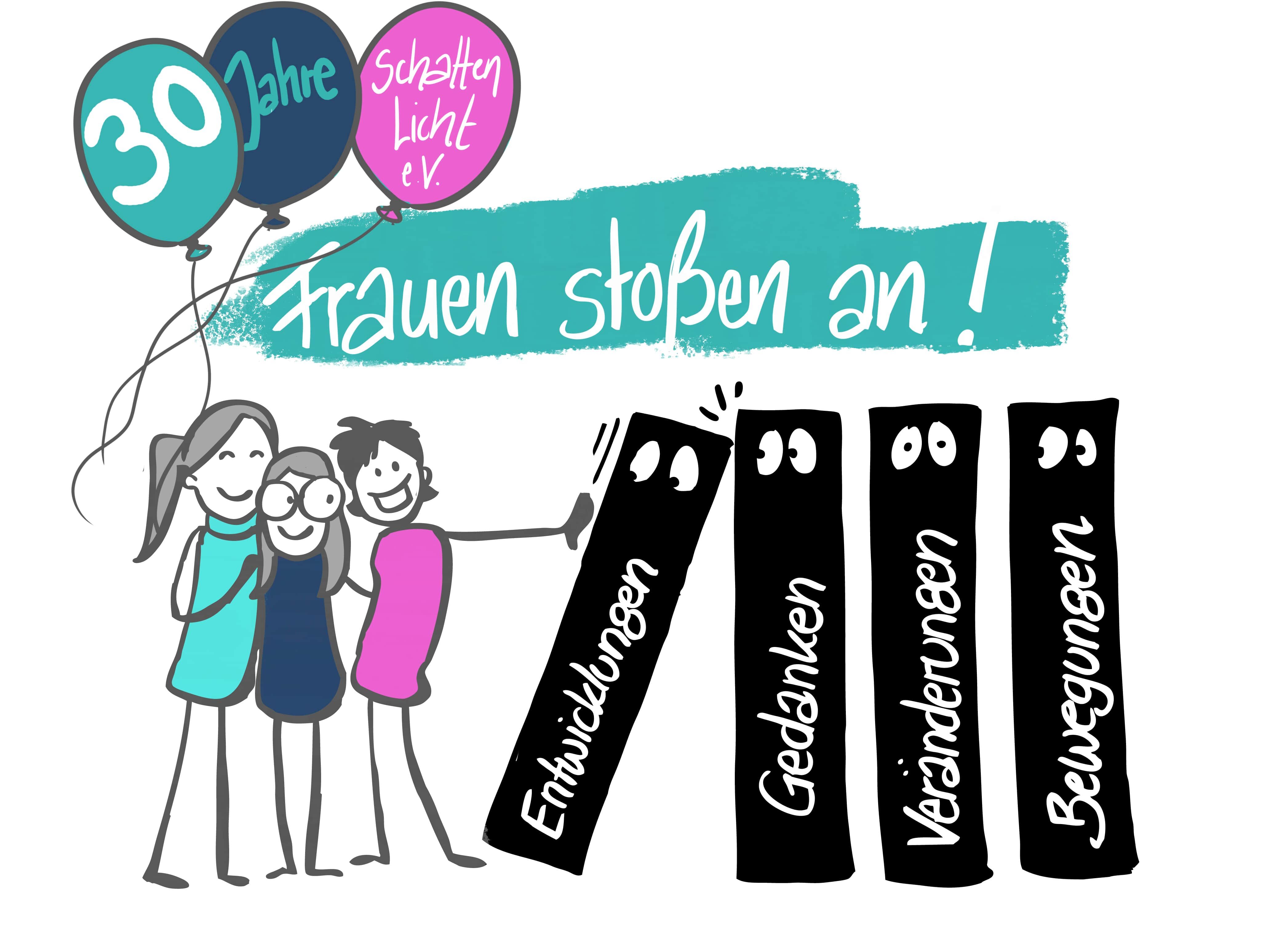 Jubiläumslogo: 3 gezeichnete Frauen stoßen Steine der Veränderungen an mit Luftballons zum 30. Jubiläum